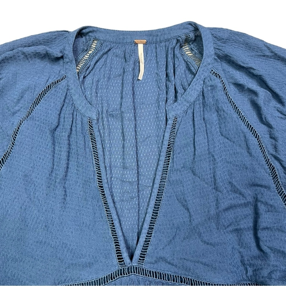 Free People Top Women Large Blue V Neck Lined Flowy Dolman Bohemian Peplum Tunic - Picture 6 of 13